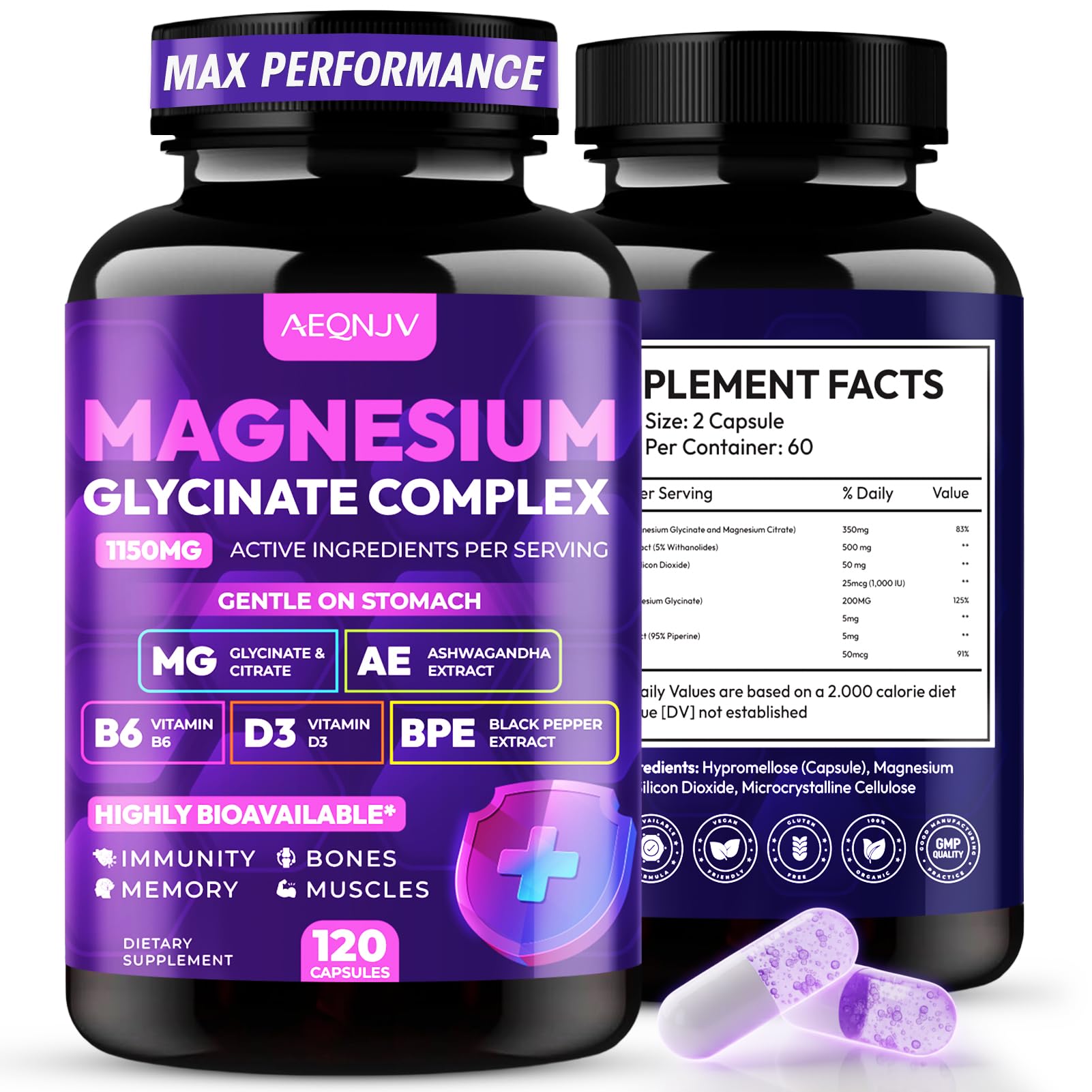 Magnesium Glycinate Complex 1150mg - Gentle on Stomach High Absorption Magnesium Capsules with Citrate, Silica, Ashwagandha & Vitamin B6 for Zzz, Stress Relief, Muscle Support for Adults, Women & Men AEQNJVBuy Supplements Australia