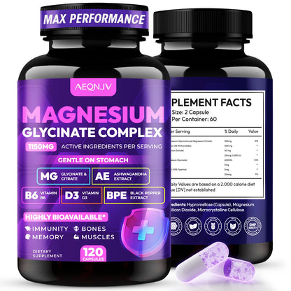 Magnesium Glycinate Complex 1150mg - Gentle on Stomach High Absorption Magnesium Capsules with Citrate, Silica, Ashwagandha & Vitamin B6 for Zzz, Stress Relief, Muscle Support for Adults, Women & Men AEQNJVBuy Supplements Australia