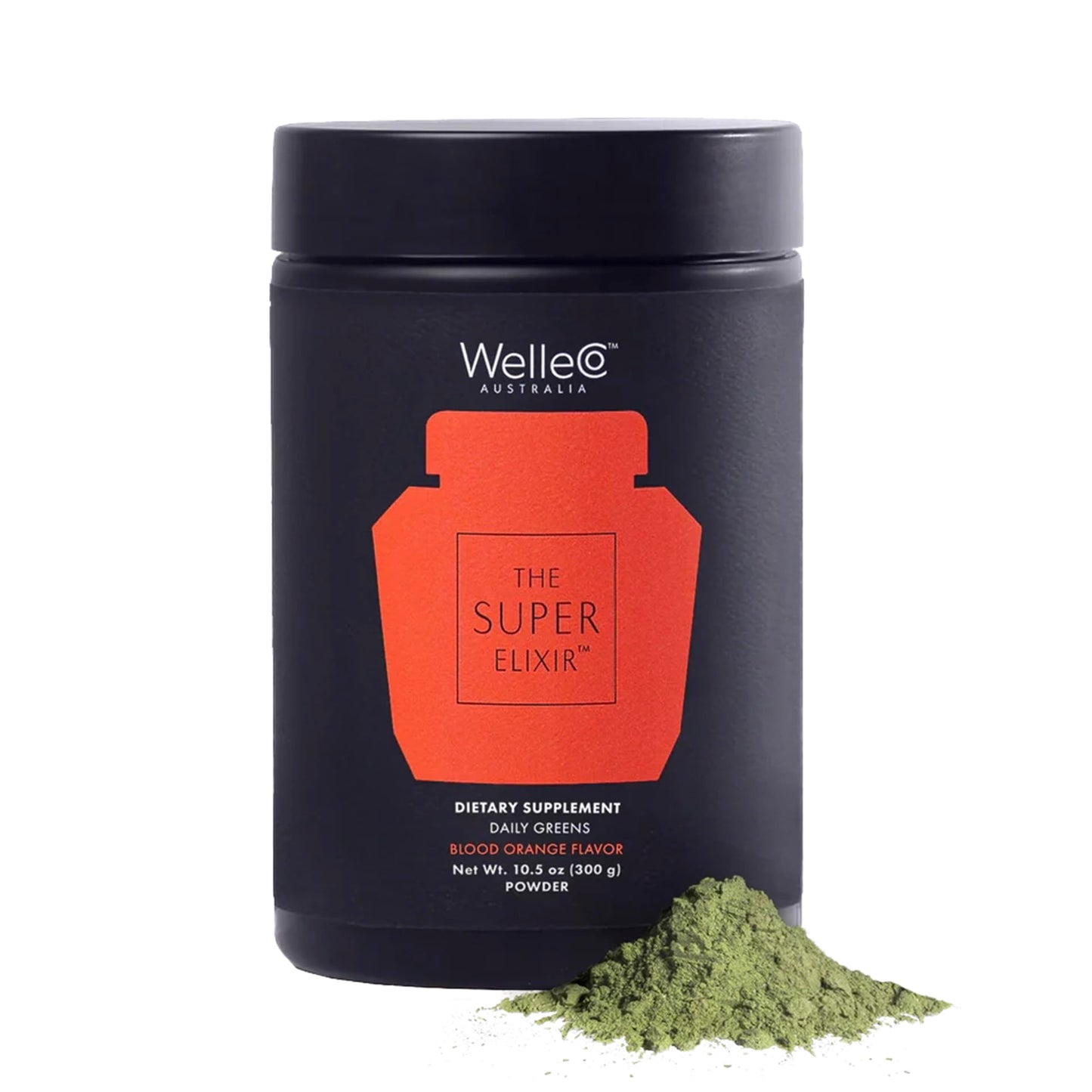 WelleCo Super Elixir dietary supplement container with green powder on a white background