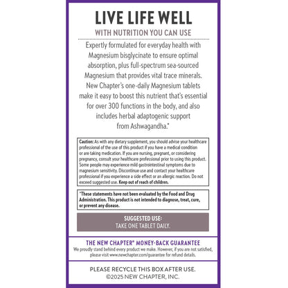 New Chapter Magnesium + Ashwagandha Supplement, 325 mg with Magnesium Glycinate for Muscle Relaxation & Recovery, Heart, Nerve & Bone Health, 2.5X Absorption