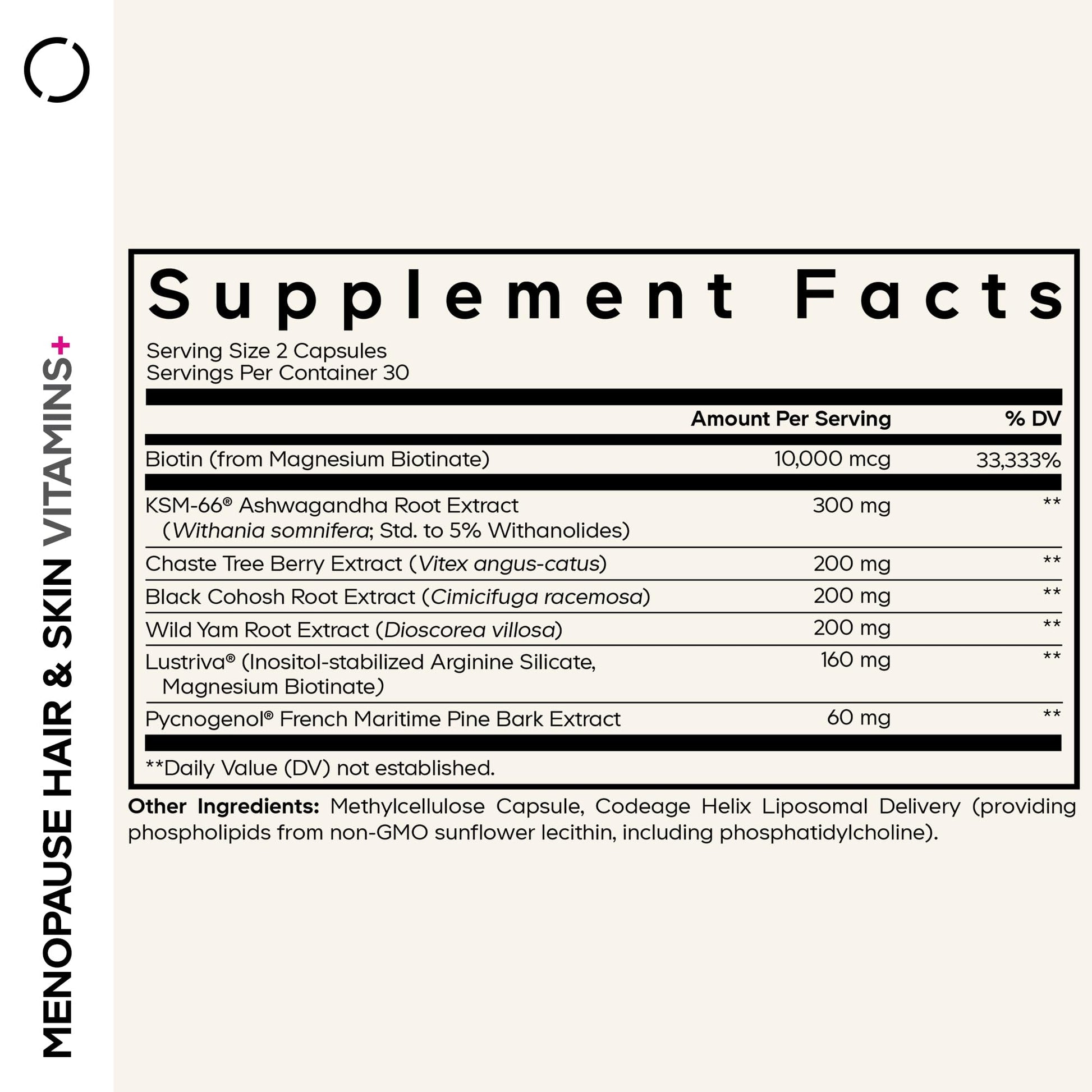 Codeage Menopause Hair & Skin Vitamins+ - Patented Lustriva, Pycnogenol, KSM-66 Ashwagandha - Hair Density Skin Perimenopause Support - Menopause Supplement - 10,000 Mcg Biotin, Wild Yam - 60 Capsules CodeageBuy Supplements Australia