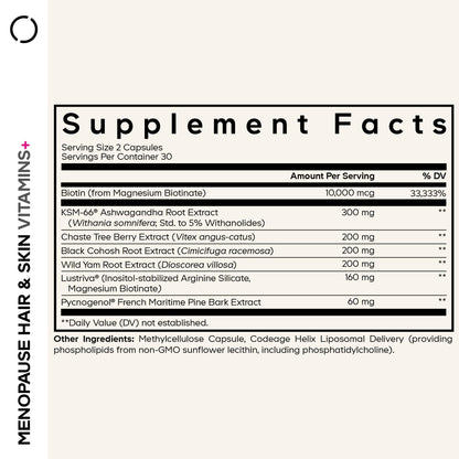 Codeage Menopause Hair & Skin Vitamins+ - Patented Lustriva, Pycnogenol, KSM-66 Ashwagandha - Hair Density Skin Perimenopause Support - Menopause Supplement - 10,000 Mcg Biotin, Wild Yam - 60 Capsules CodeageBuy Supplements Australia