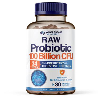 Wholesome Wellness Organic Raw Probiotics 100 Billion CFU, Dr Formulated for Women and Men, Complete Adult Supplement with Prebiotics