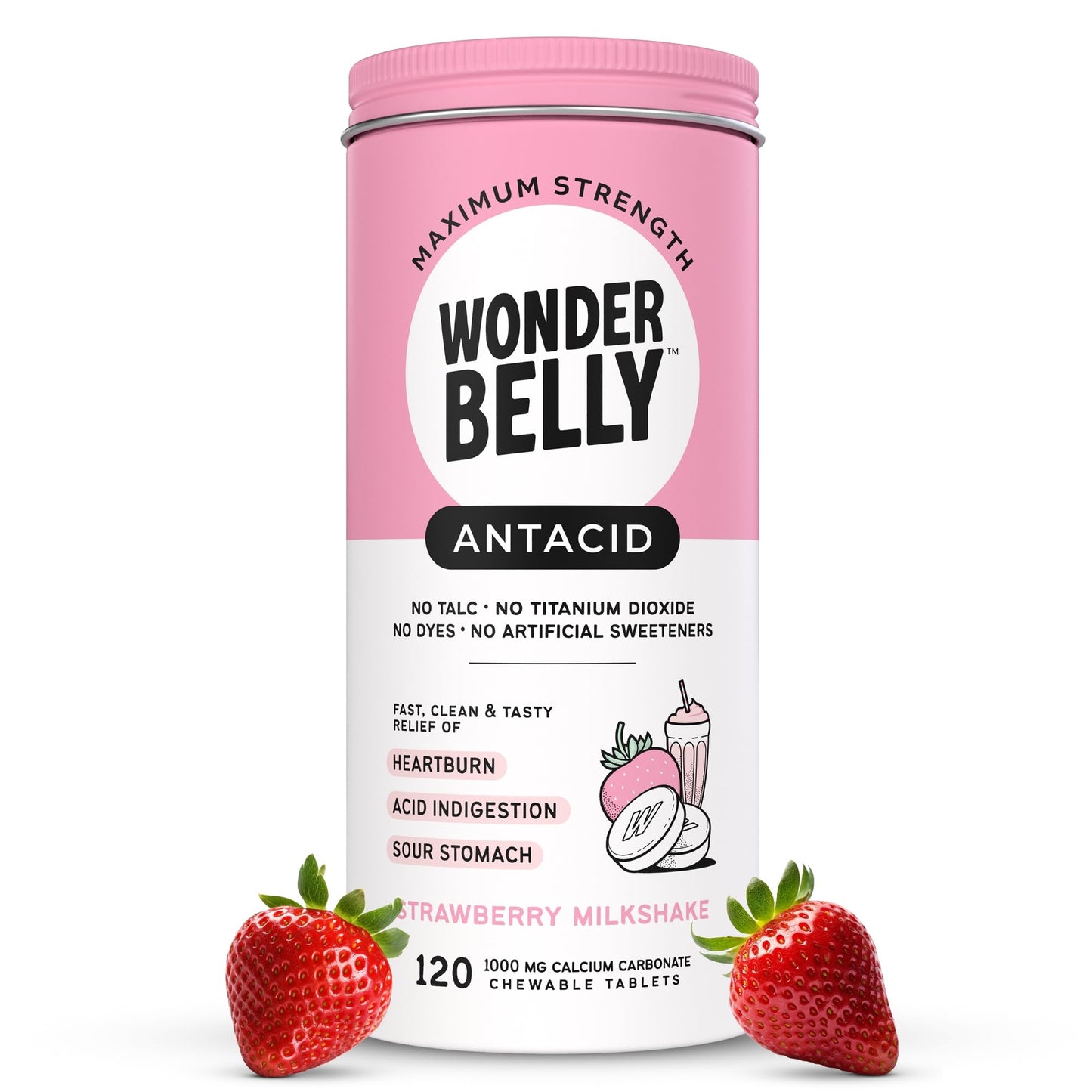 Pink and white container of Wonder Belly antacid with strawberries on a white background