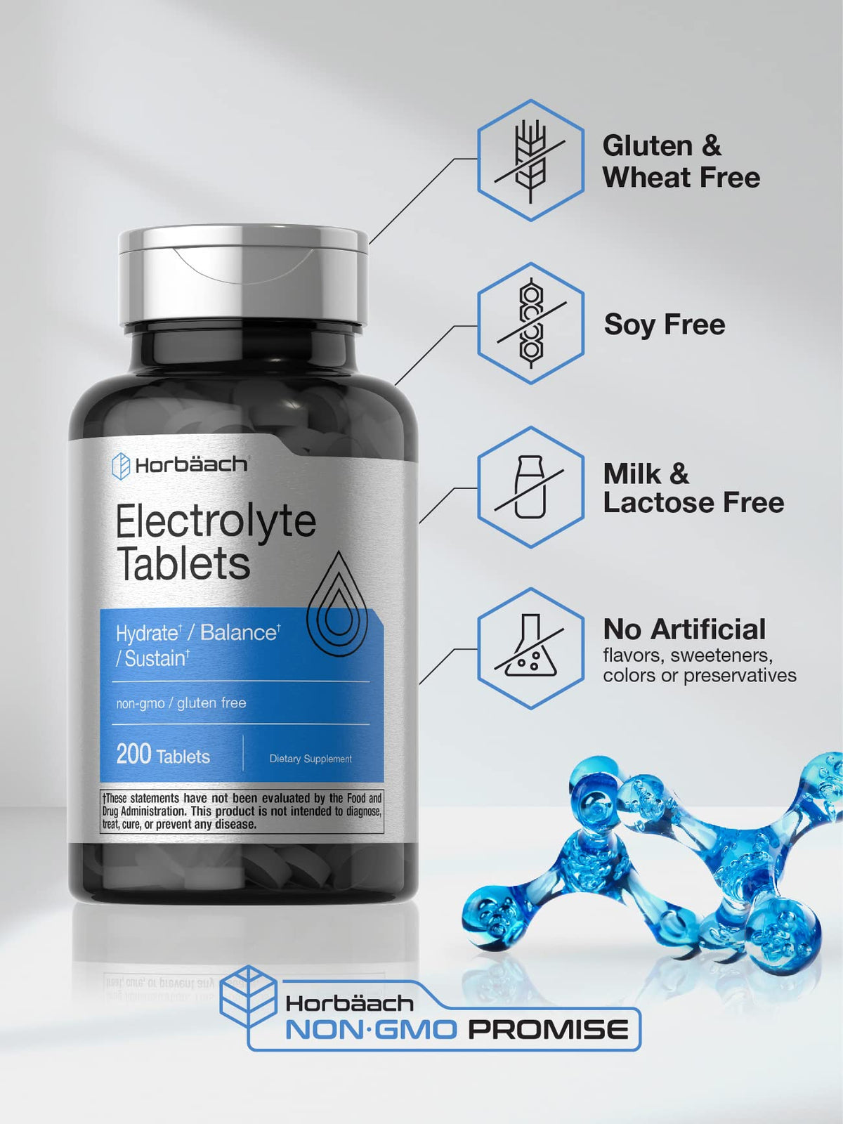 Horbäach Electrolyte Tablets | 200 Count | Helps Hydrate, Balance, & Sustain | with Calcium, Magnesium, Chloride, Sodium and Potassium | Vegetarian, Non-GMO & Gluten Free