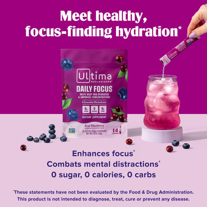 Ultima Replenisher Daily Focus Supplement & Electrolytes Powder - Acai Blueberry, 14 Stickpacks - Hydration Packets, 60mg Caffeine from Green Tea Extract & L-Theanine