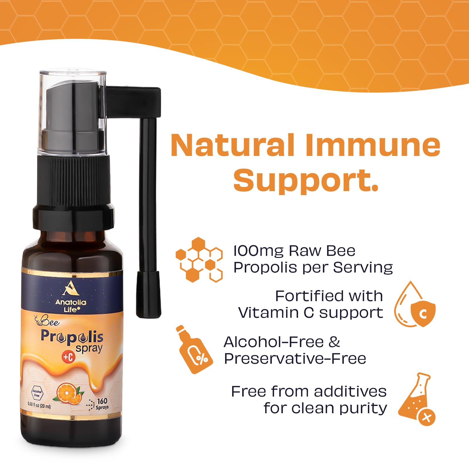 Anatolia Life Bee Propolis Spray + Vitamin C – Alcohol-Free, Natural Orange Flavor, 100% Pure Bee Propolis Extract, Antioxidant Support, Gentle Throat Comfort – 20 ml (~160 Sprays) Anatolia Life buy supplements Au