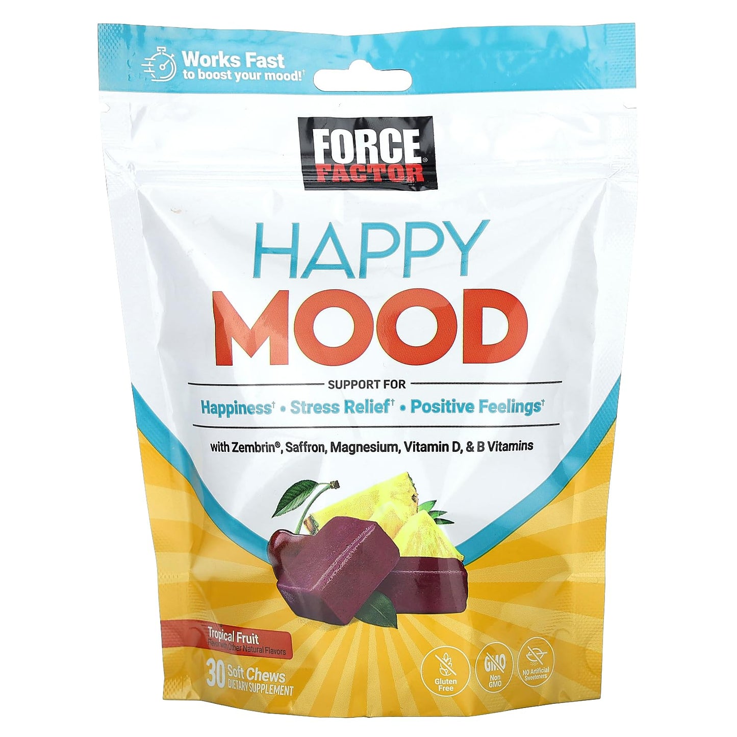 FORCE FACTOR Happy Mood, Mood Support and Mood Balance Supplement to Support Happiness, Positivity, and Stress, Made with Magnesium, Saffron, Zembrin, Non-GMO, Tropical Fruit Flavor, 30 Soft Chews Force FactorBuy Supplements Australia