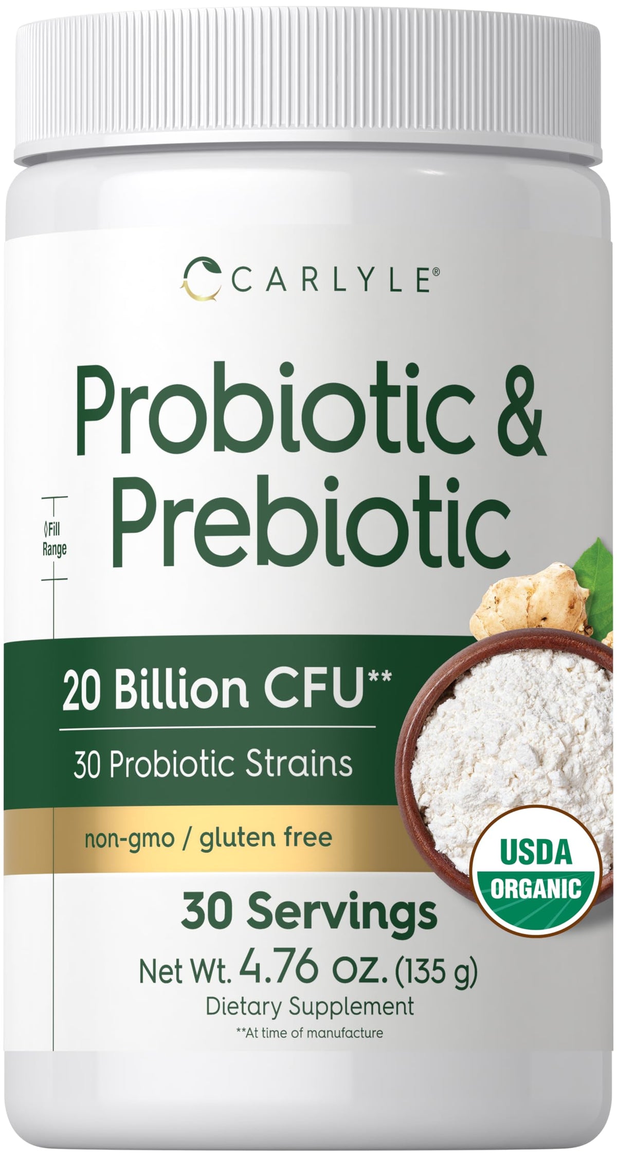 Carlyle Probiotic and Prebiotic Powder | 20 Billion CFU | 4.76 oz | Organic Fiber Blend | for Women and Men | Vegetarian, Non-GMO,