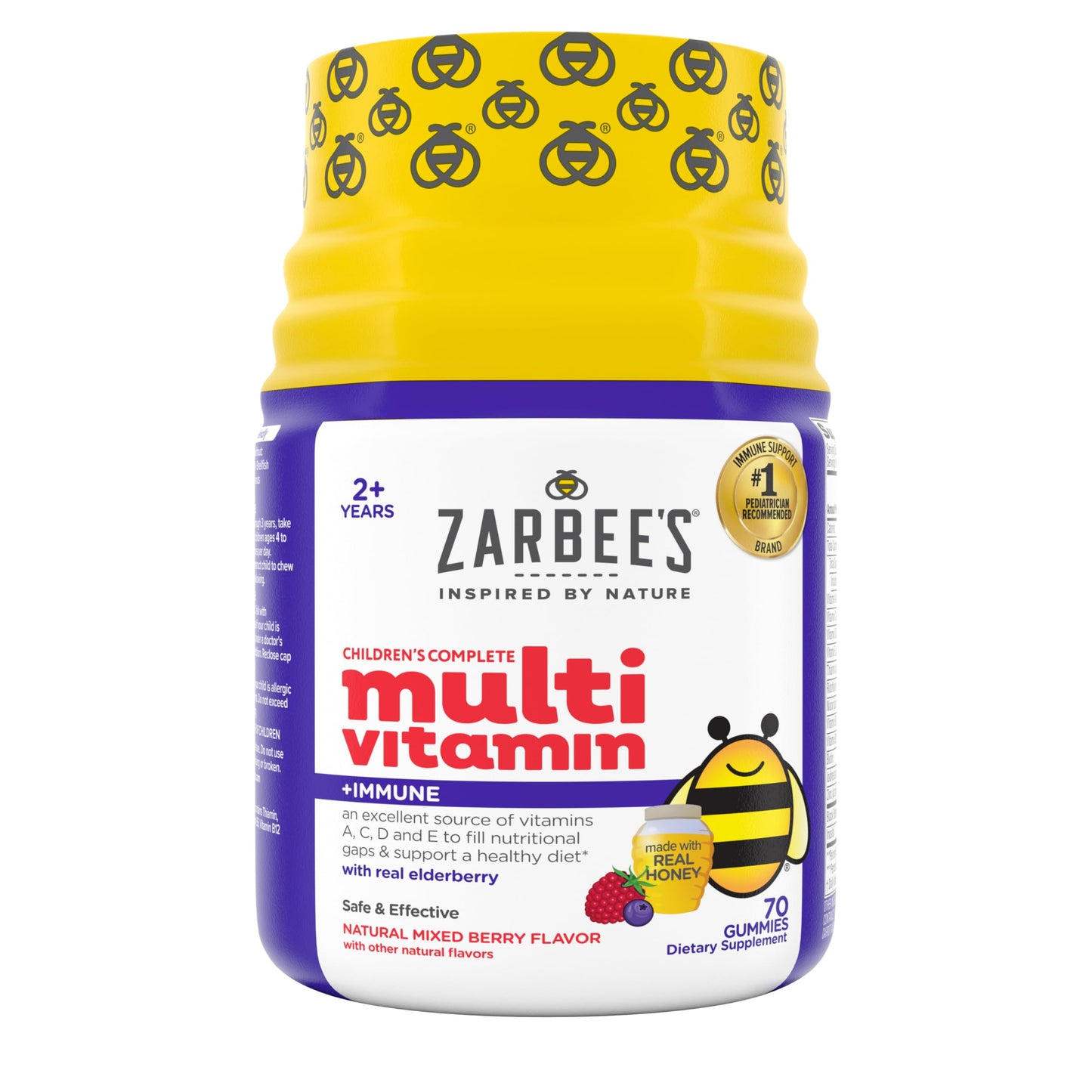 Zarbee’s Complete Kids Multivitamin Gummies + Immune Support, Berry Flavor, Honey-Sweetened, Gluten-Free & Gelatin-Free, Vitamins A, C, D3, E, B6, B12,
