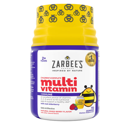 Zarbee’s Complete Kids Multivitamin Gummies + Immune Support, Berry Flavor, Honey-Sweetened, Gluten-Free & Gelatin-Free, Vitamins A, C, D3, E, B6, B12,