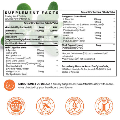 17-in-1 Brain Supplements for Memory and Focus - Formula for Concentration, Clarity, Energy & Focus - Natural Caffeine Blend with Vitamins, Amino Acids & Herbal Extracts - 120 Tablets