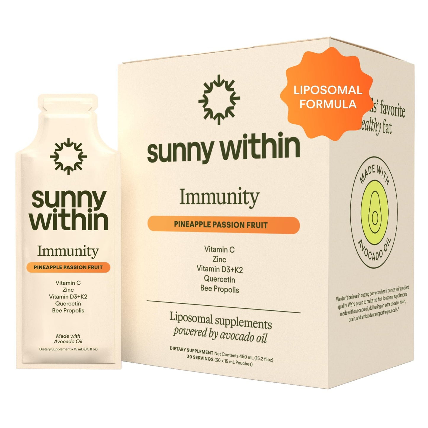 Sunny Within Immunity - 6-in-1 Liposomal Vitamin C Packets, Zinc, D3 + K2, Quercetin, Bee Propolis & Avocado Oil - Antioxidant Liquid Supplement for Immunity, Skin & Bone* - 30 Pouches Sunny WithinBuy Supplements Australia