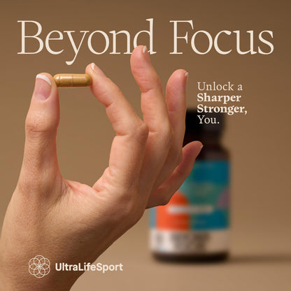 Ultra Life Sport - Beyond Focus Organic Mushroom Supplement - 30 Capsule Brain Supplements for Memory and Focus - 100% Vegan, Non-GMO - Memory Booster with Bacopa, Cordyceps, & Lion’s Mane Ultra Life Sport buy supplements Au