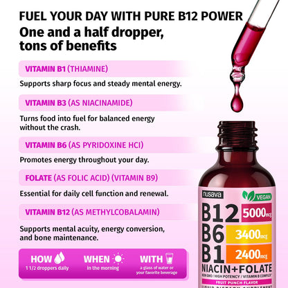 (2 Pack) Vitamin B12 and B6 Liquid Drops, B12 Sublingual Vitamin B Complex - B 12 Vitamin 5000mcg - B12 Methylcobalamin for Energy, Brain, and Heart Support