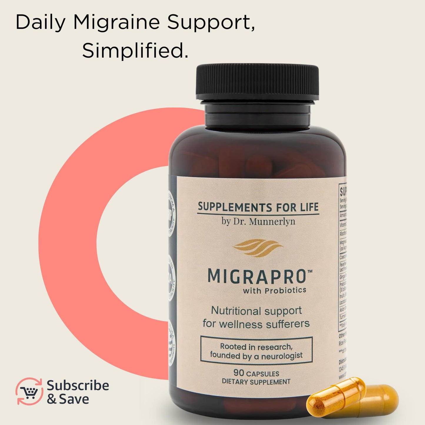 Dr. Munnerlyn MigraPro with Probiotics, Brain and Gut Health Support Supplement with Magnesium, Riboflavin, CoQ10, Ginger Root, Asian Ginseng, Vitamin C, Feverfew & Turmeric, Gluten Free, 90 Capsules Dr. Munnerlyn buy supplements Au