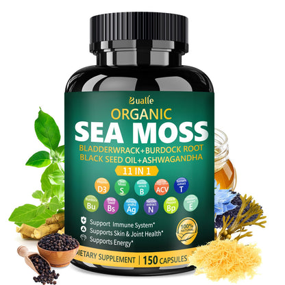 Bottle of organic sea moss supplement with ingredients on a white background