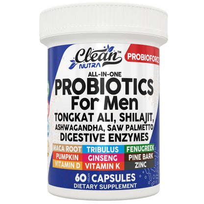 Clean Nutra Probiotics for Men | Tongkat Ali, Saw Palmetto, Tribulus, Ginseng, Ashwagandha, Maca, Pumpkin, Gingko Biloba, Pine Bark, Fenugreek, Shilajit, Zinc - Mens Probiotic 60 Capsules Clean NutraceuticalsBuy Supplements Australia