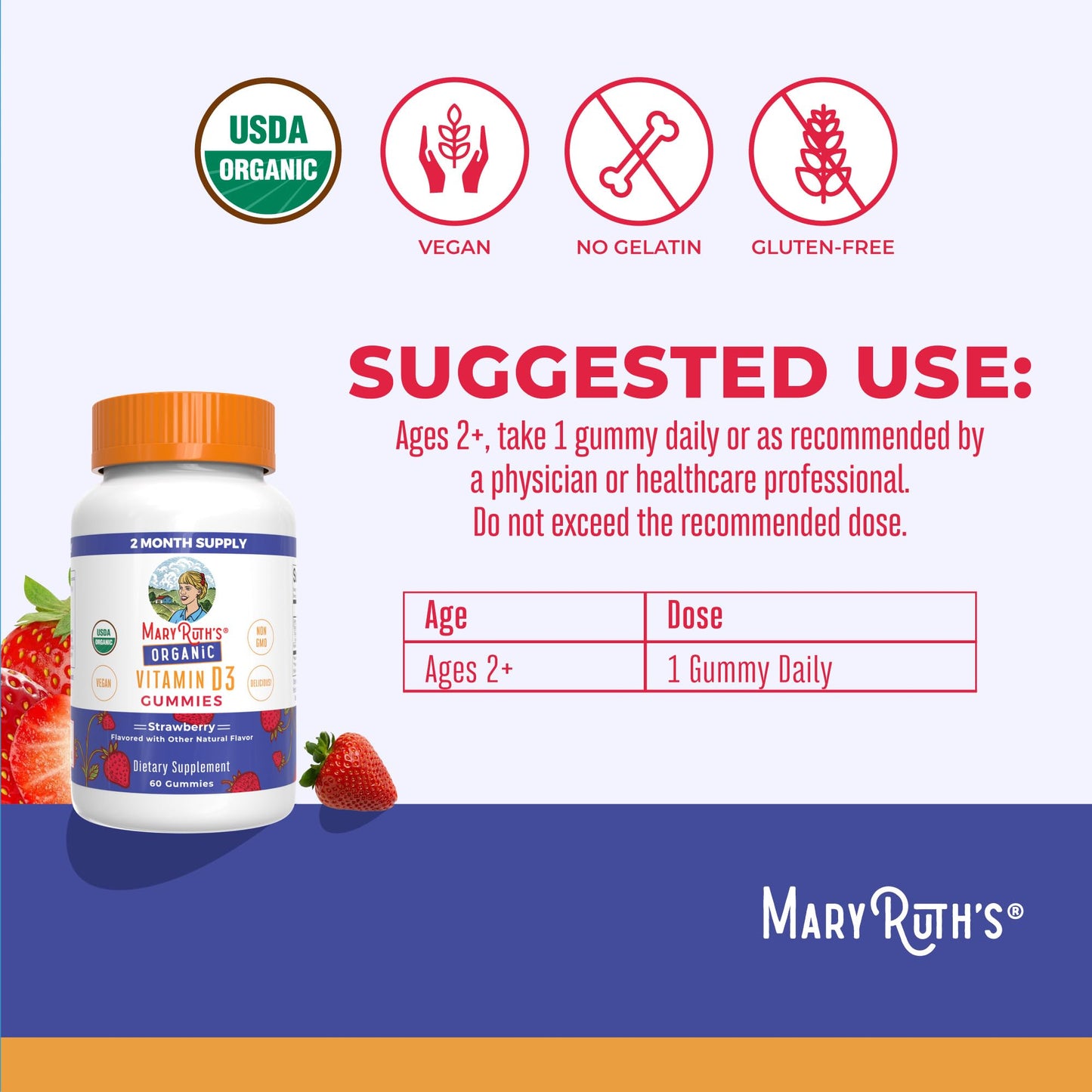 MARYRUTH'S Organic Vitamin D3 Gummies | 1000 IU | USDA Organic | Immune Support| Bone Health | Muscle Function | for Adults & Kids Ages 2+