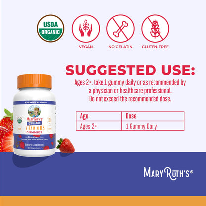 MARYRUTH'S Organic Vitamin D3 Gummies | 1000 IU | USDA Organic | Immune Support| Bone Health | Muscle Function | for Adults & Kids Ages 2+