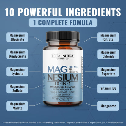 10-in-1 Magnesium Supplement 500 mg | High Absorption Magnesium Complex with Mag Glycinate, Citrate, Vitamin B6 Magnesium for Sleep, Muscle, Bone & Heart Health, Vegan & Gluten-Free, 45 Day Supply Total Nutra buy supplements Au