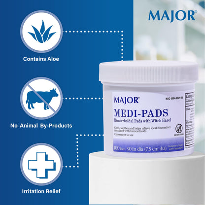 MAJOR Medi-Pads - Hemorrhoidal Hygienic Cleansing Witch Hazel Pads - Cooling Relief with Aloe - 100 Count Jar (1 Pack) MAJORBuy Supplements Australia