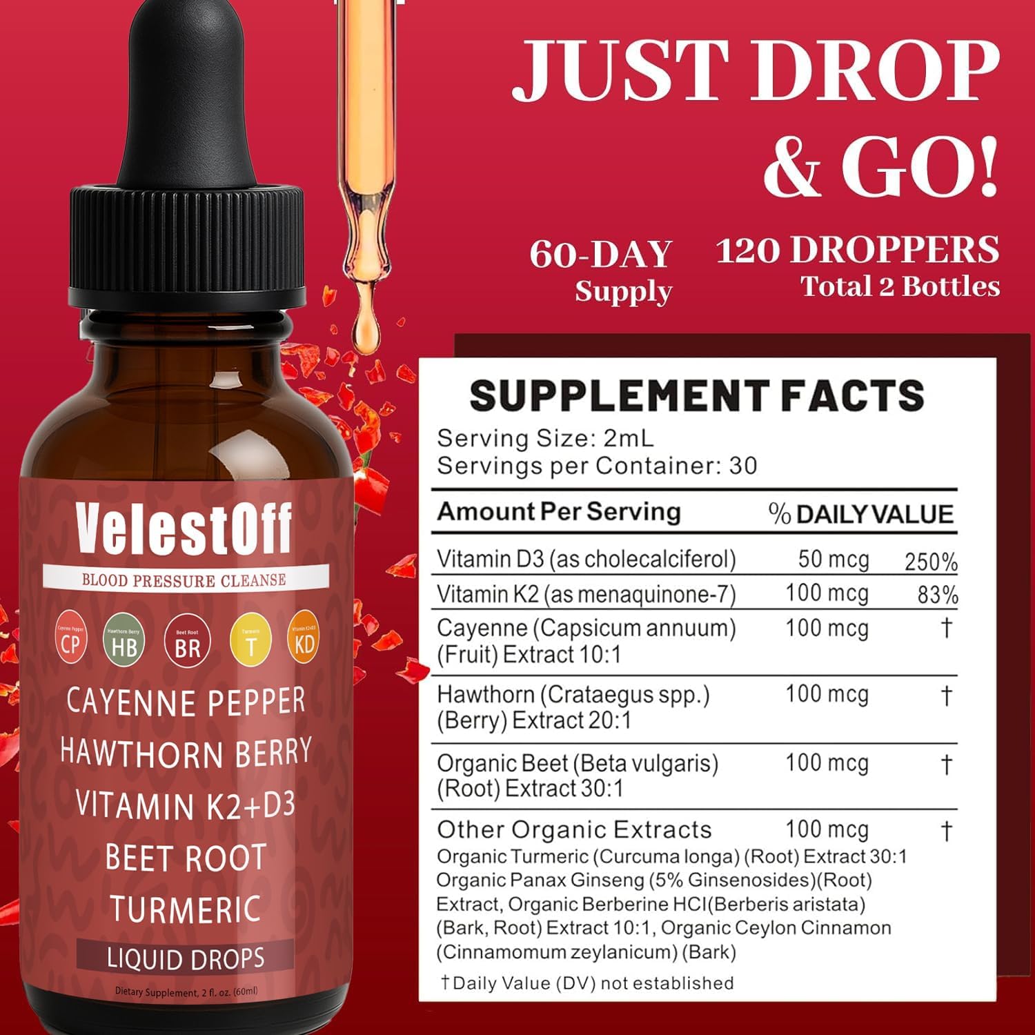 Velestoff Cayenne Pepper | Cayenne Heart & Circulation Blend – Botanical Extracts with Hawthorn, Beet Root, Turmeric, Vitamin K2 & D3 – Daily Wellness Drops (2 fl oz) (2) DFTLUUE buy supplements Au