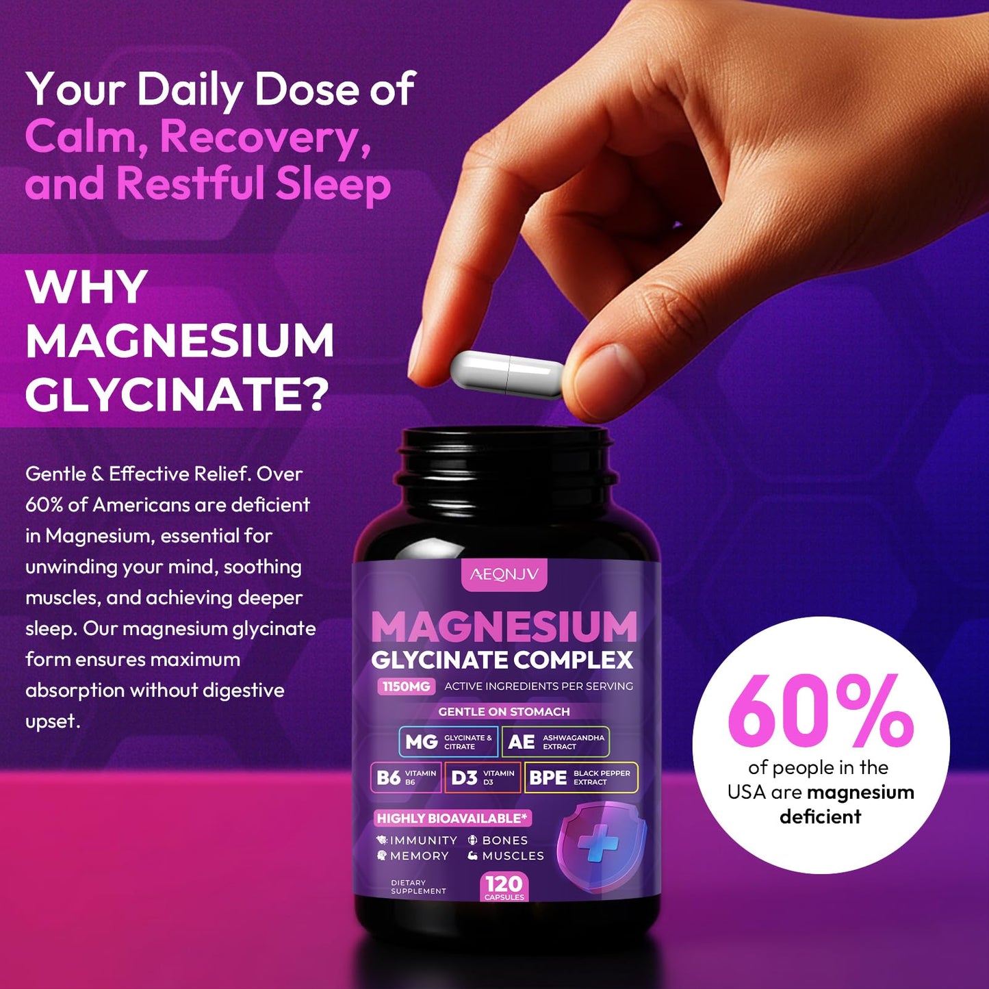 Magnesium Glycinate Complex 1150mg - Gentle on Stomach High Absorption Magnesium Capsules with Citrate, Silica, Ashwagandha & Vitamin B6 for Zzz, Stress Relief, Muscle Support for Adults, Women & Men AEQNJVBuy Supplements Australia