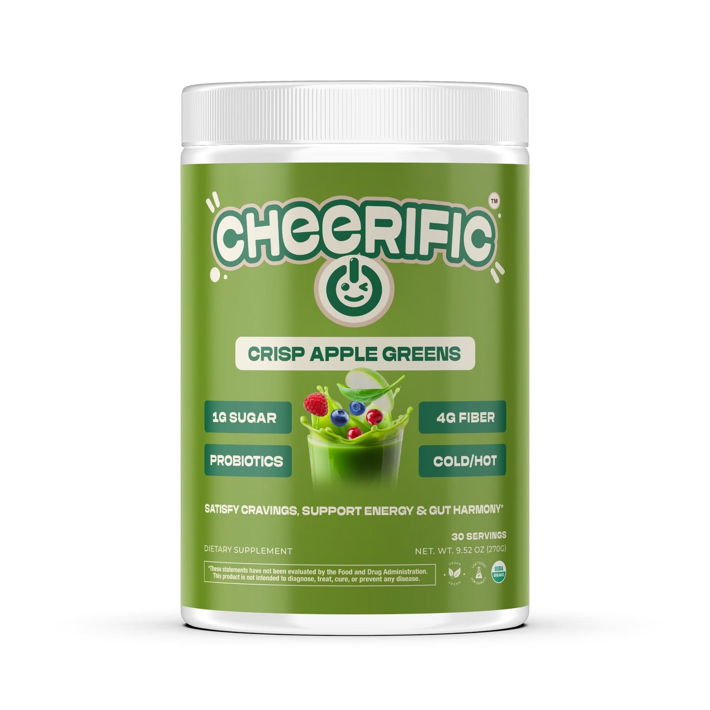 Green supplement container labeled 'Cheerific Crisp Apple Greens' on a white background