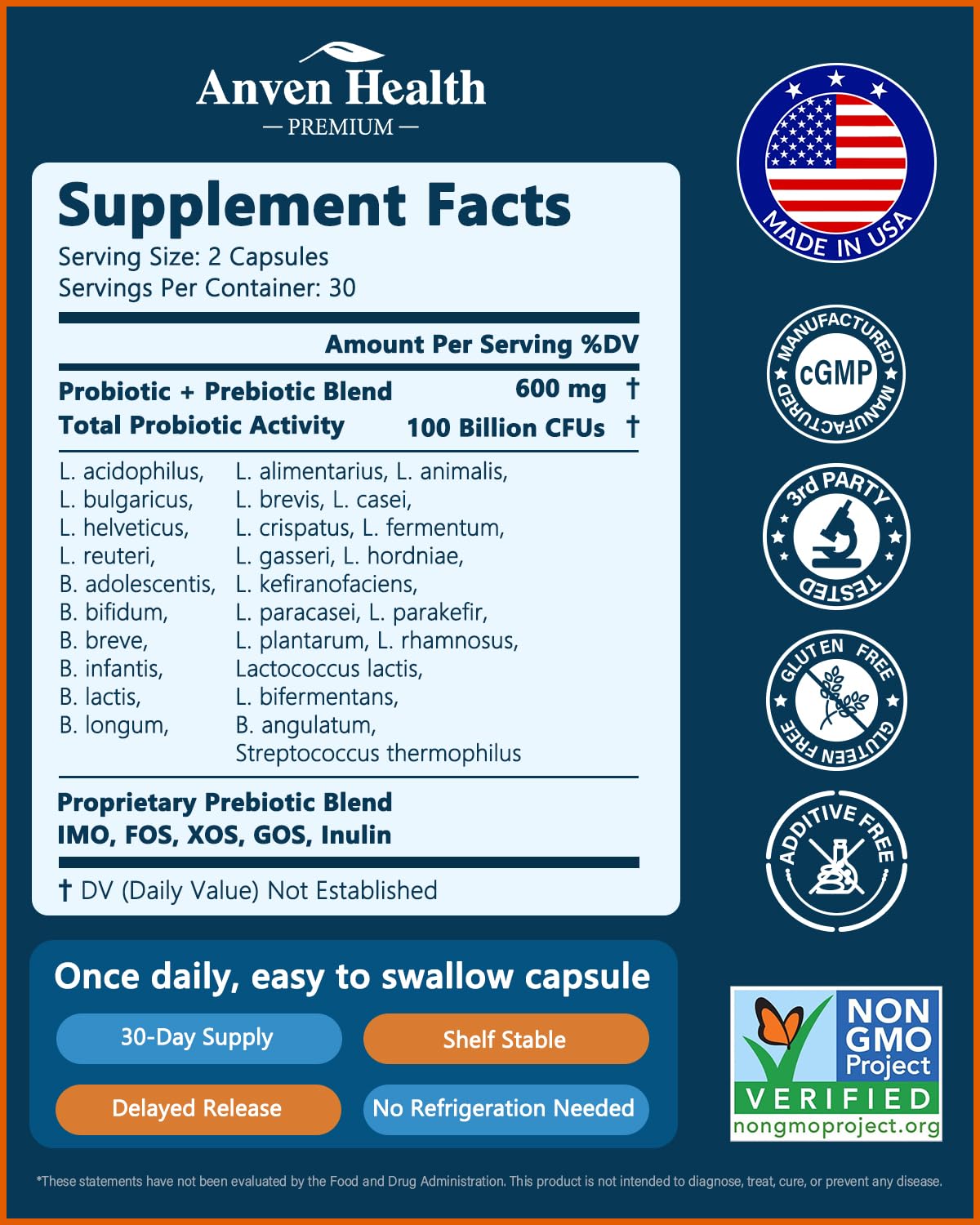 Anven Health 100 Billion Probiotics for Men and Women 27 Strains 5 Organic Prebiotics for Gut Digestive & Immune Health, Supports Diarrhea Gas Bloating,