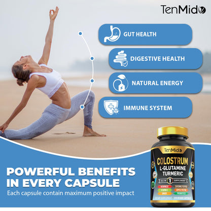 Tenmido Colostrum Supplement - 10in1 Formula - Combine with L- Glutamine, Turmeric, Cayenne Pepper, Apple Pectin, Probiotics, Ginger, and More - Digestive Health, Immune Support - 120 Capsules TenmidoBuy Supplements Australia