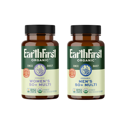 Two EarthFirst Organic supplement bottles on a white background