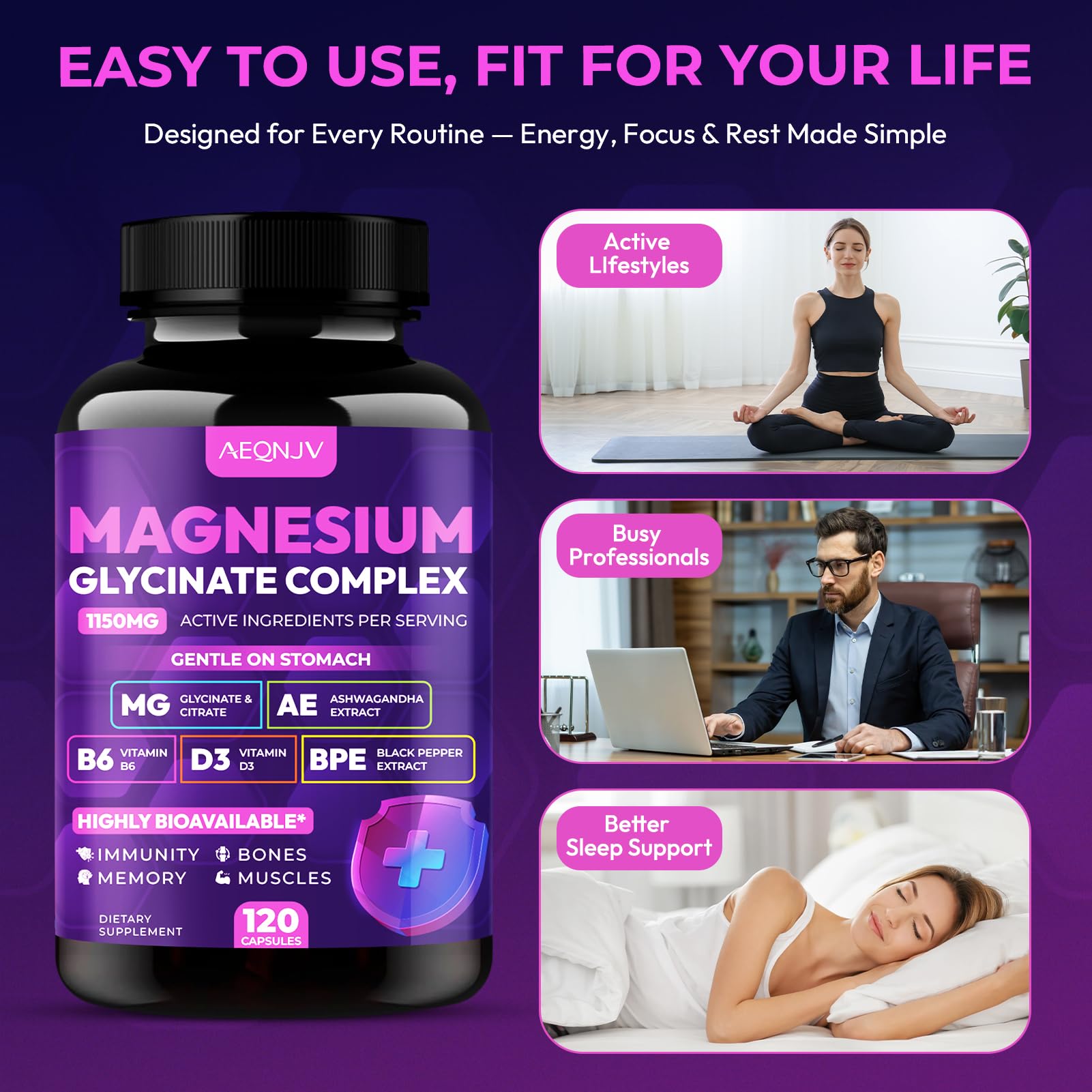 Magnesium Glycinate Complex 1150mg - Gentle on Stomach High Absorption Magnesium Capsules with Citrate, Silica, Ashwagandha & Vitamin B6 for Zzz, Stress Relief, Muscle Support for Adults, Women & Men AEQNJVBuy Supplements Australia