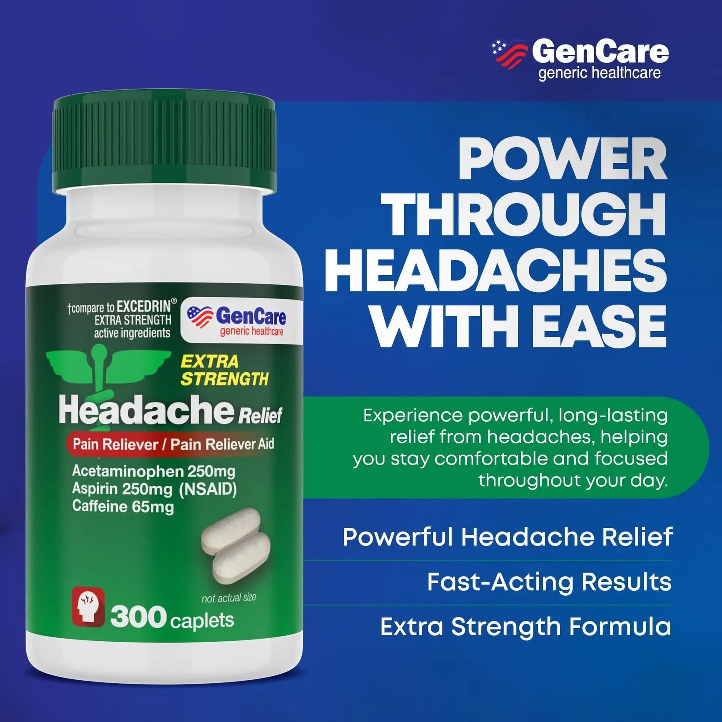 GenCare - Headache Relief Acetaminophen with Aspirin (NSAID) & Caffeine (300 Caplets) Value Pack | Head Pain, Muscle Aches, Back Pain & Body | Generic ExcedrEn Extra Strength GenCareBuy Supplements Australia