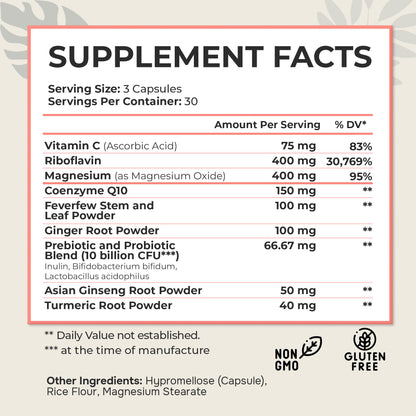 Dr. Munnerlyn MigraPro with Probiotics, Brain and Gut Health Support Supplement with Magnesium, Riboflavin, CoQ10, Ginger Root, Asian Ginseng, Vitamin C, Feverfew & Turmeric, Gluten Free, 90 Capsules Dr. Munnerlyn buy supplements Au