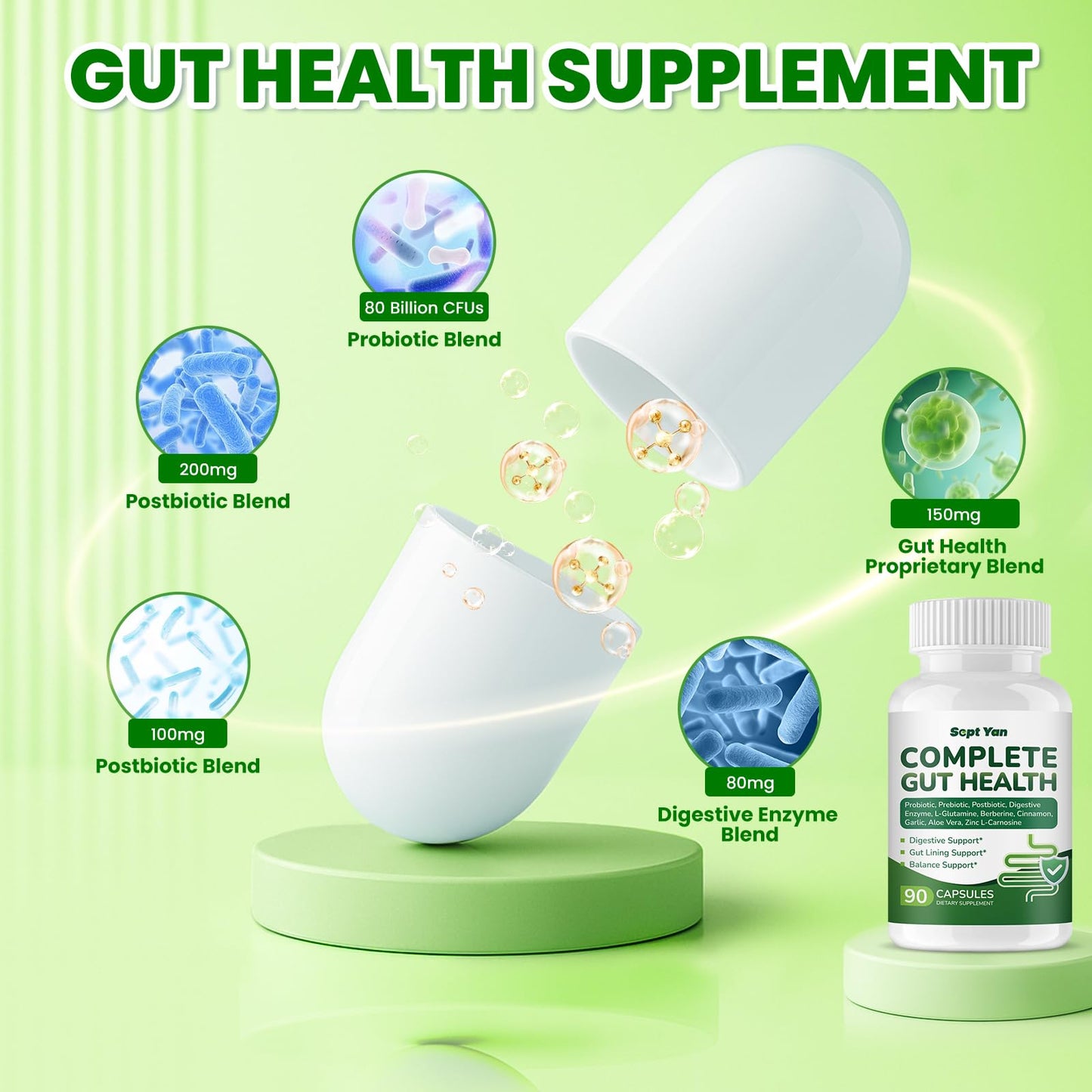 SEPT YAN Gut Health Supplement with Prebiotics, Postbiotics & Probiotics for Digestive Health for Women & Men, 80 Billion CFU Probiotics for Gut and Digestion