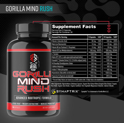 Gorilla Mind Rush - Nootropic Supplement | Intense Focus · Insane Productivity Cognitive Health Support, Memory, Focus,