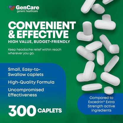 GenCare - Headache Relief Acetaminophen with Aspirin (NSAID) & Caffeine (300 Caplets) Value Pack | Head Pain, Muscle Aches, Back Pain & Body | Generic ExcedrEn Extra Strength GenCareBuy Supplements Australia