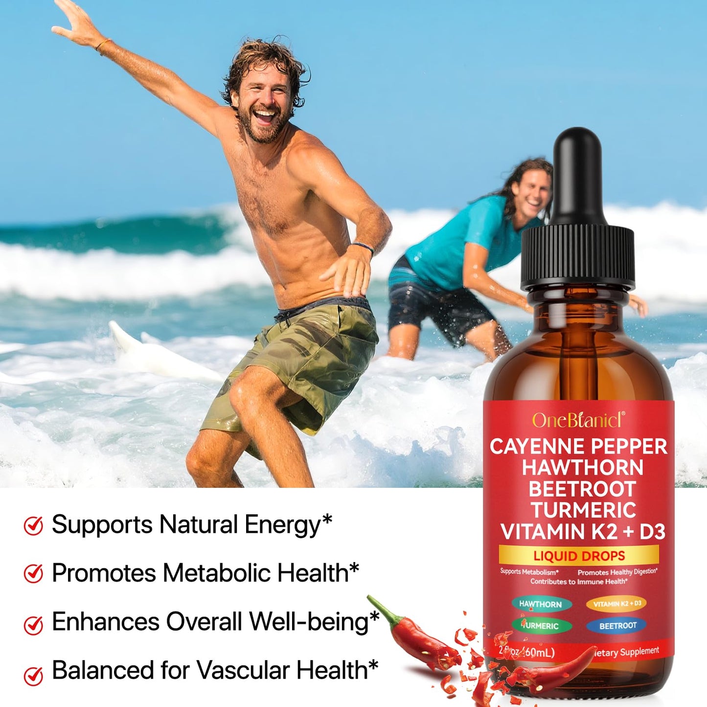 Cayenne Pepper Drops Supplement Liquid, Blend of Hawthorn Berry, Beetroot, Turmeric, VIT K2+D3, Daily Health Boost (2oz) REVIGLAM buy supplements Au