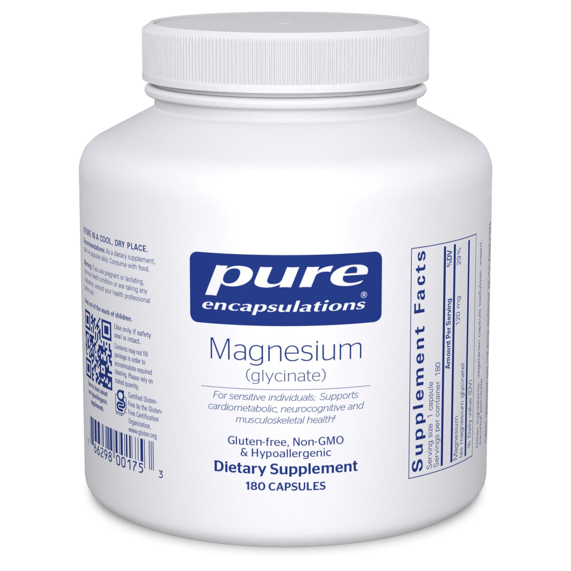 Supplement bottle labeled 'pure encapsulations' with magnesium citrate on a white background