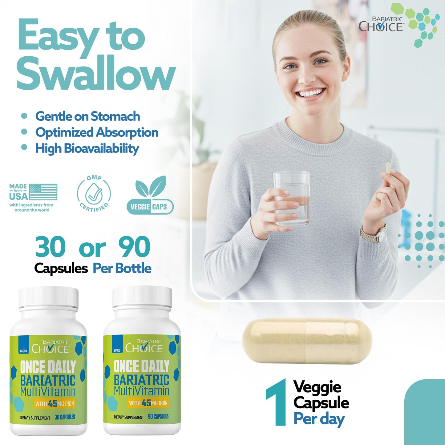 Bariatric Choice Once-Daily Bariatric Multivitamin with 45 mg of Iron | Easy to Swallow Capsule | Vitamin for Bariatric Surgery Patients