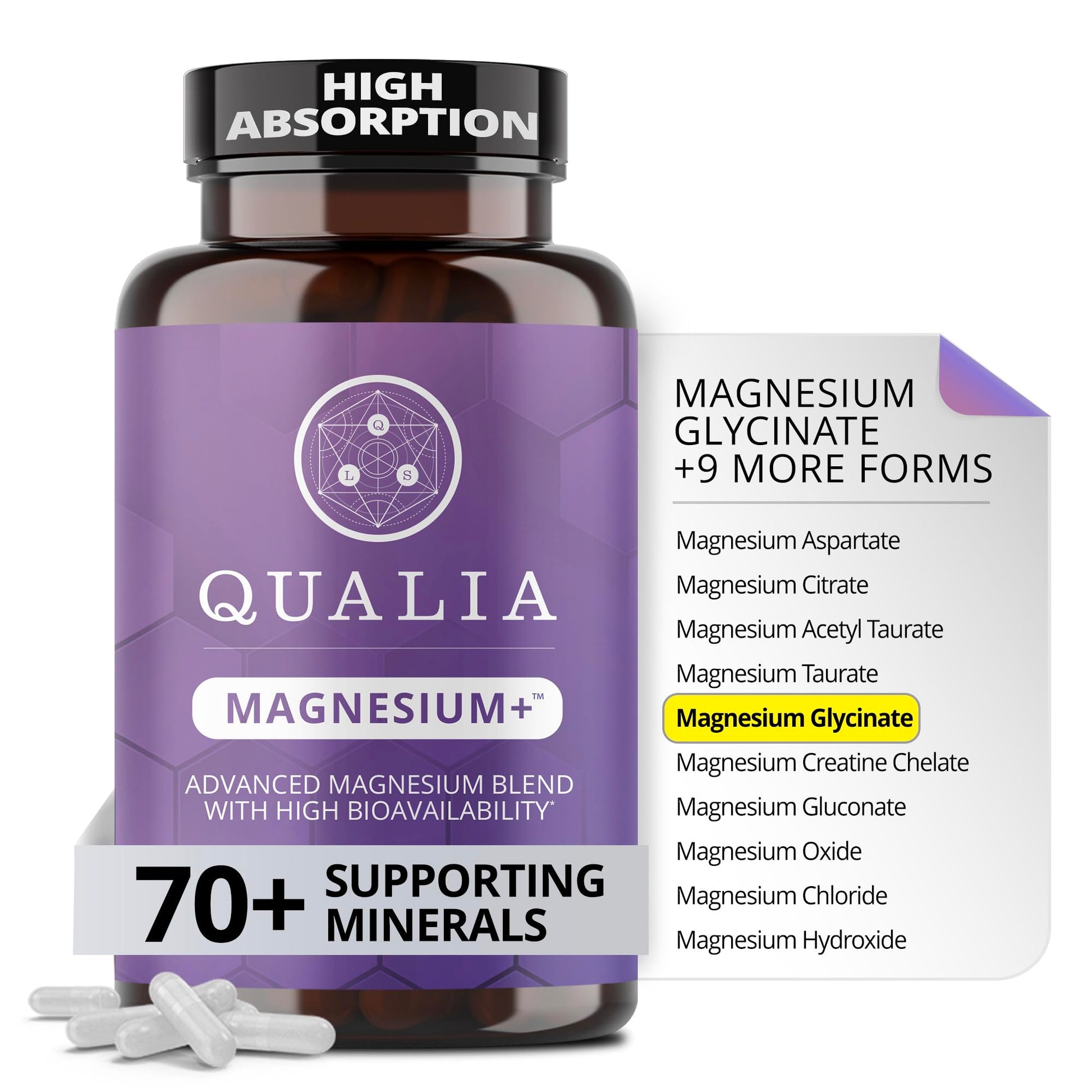 Qualia magnesium supplement bottle with purple label on a white background