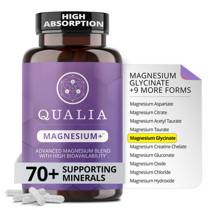 Qualia magnesium supplement bottle with purple label on a white background