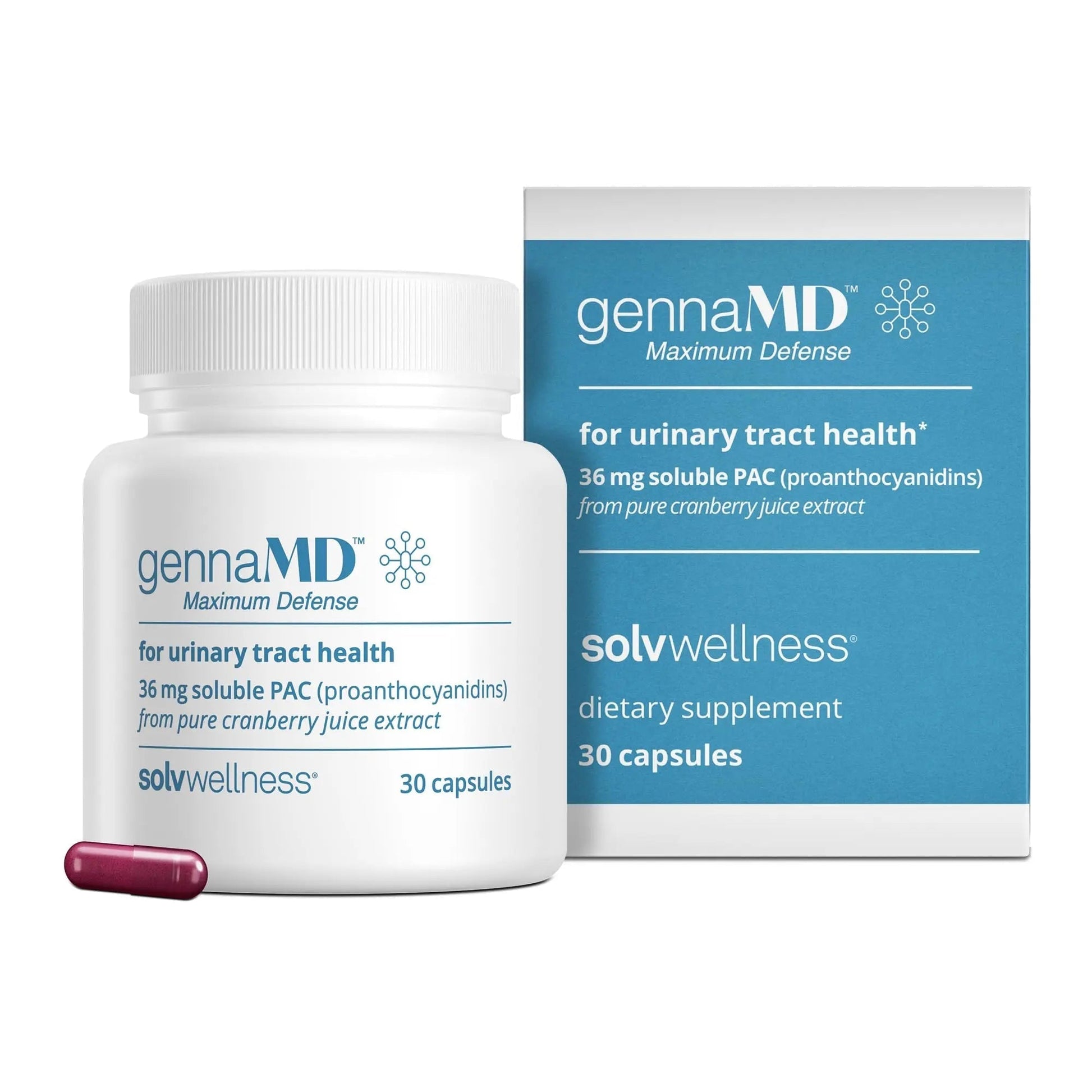 Solv Wellness GennaMD - Maximum UTI Defense - 36 mg Soluble PAC from 100% Cranberry Juice Extract - Highest PAC Concentration in a Small, Easy-to-Swallow Capsule - 30 Capsules Solv WellnessBuy Supplements Australia