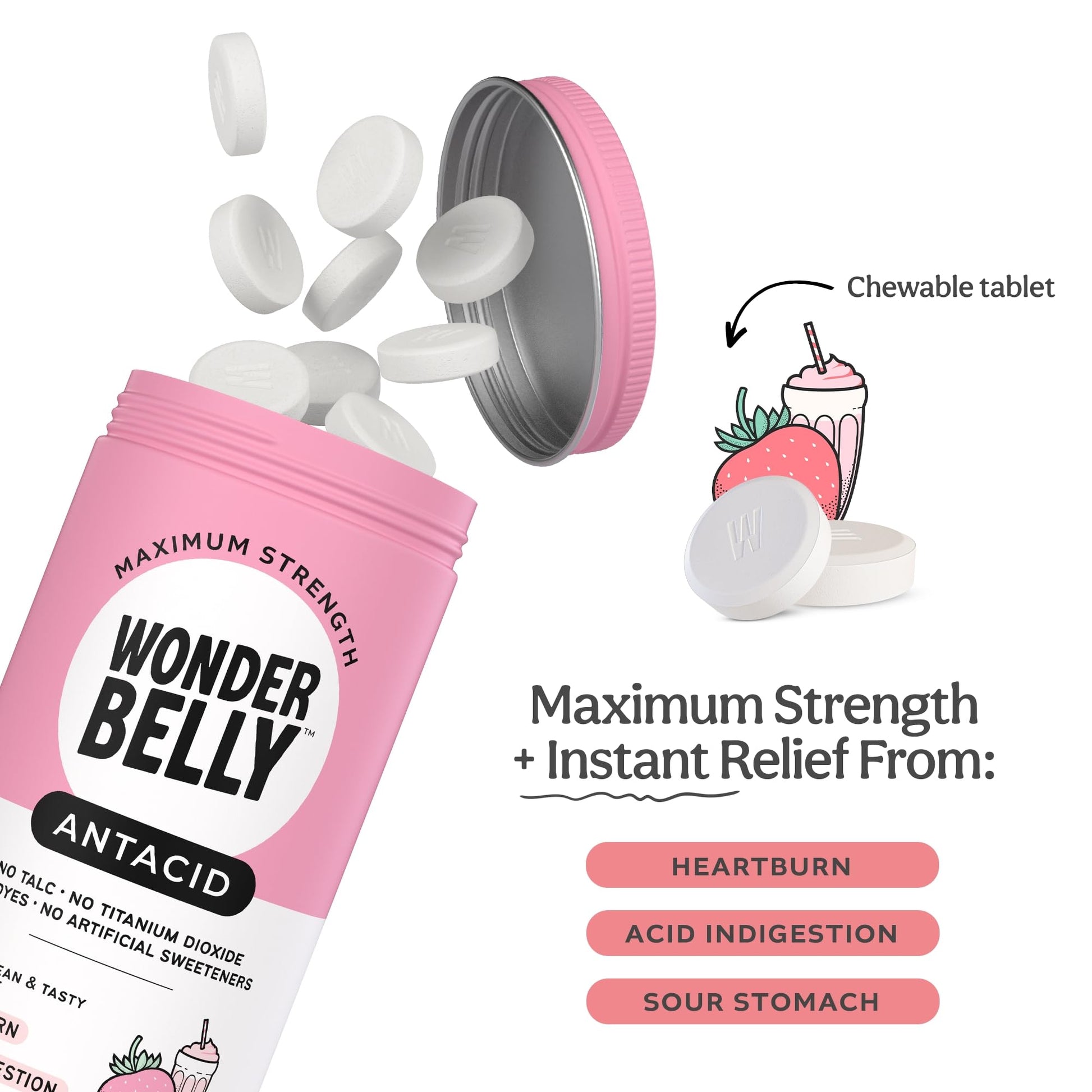Wonderbelly Antacid, Effective Heartburn and Instant Acid Indigestion Relief, Extra Strength Chewable Tablets, 1000 mg Calcium Carbonate, No Talc or Dye, Strawberry Milkshake, 120 Count Wonderbelly buy supplements Au