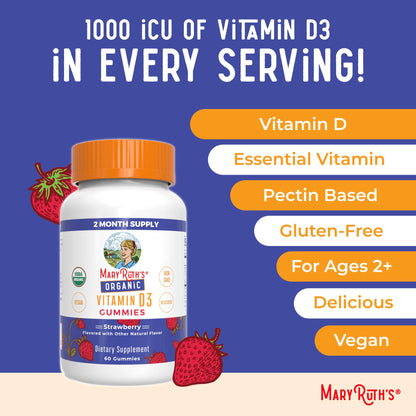 MARYRUTH'S Organic Vitamin D3 Gummies | 1000 IU | USDA Organic | Immune Support| Bone Health | Muscle Function | for Adults & Kids Ages 2+