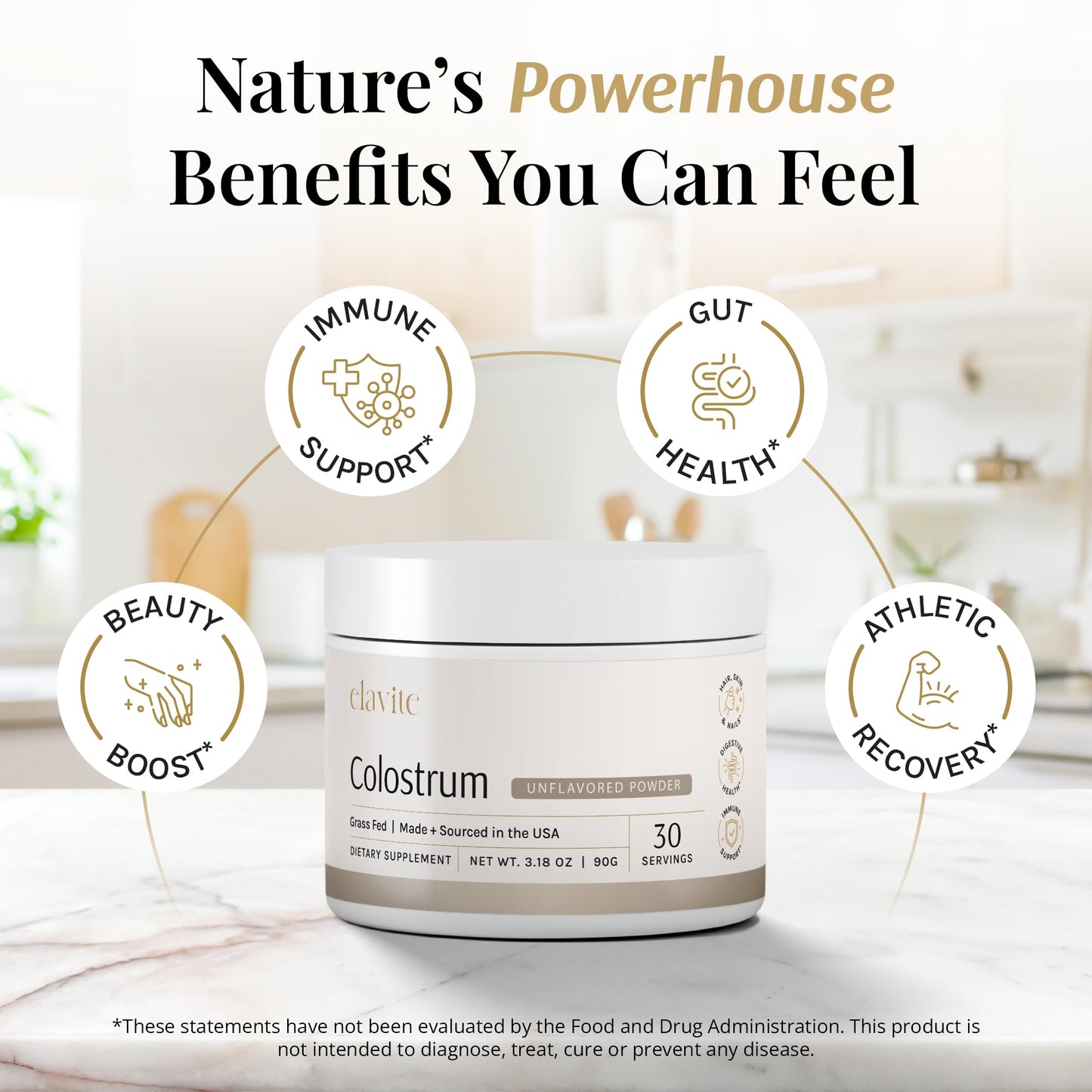 Elavite Bovine Colostrum Powder (Unflavored) Grass Fed Colostrum Supplement for Gut Health, Immune Support Healthy Hair, Skin & Nails - 30 Servings ElaviteBuy Supplements Australia