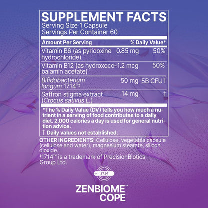 Microbiome Labs Zenbiome COPE - Probiotic Mood Support Supplement with Vitamin B6, B12 & Saffron Extract - Gut Health Probiotics for Women & Men