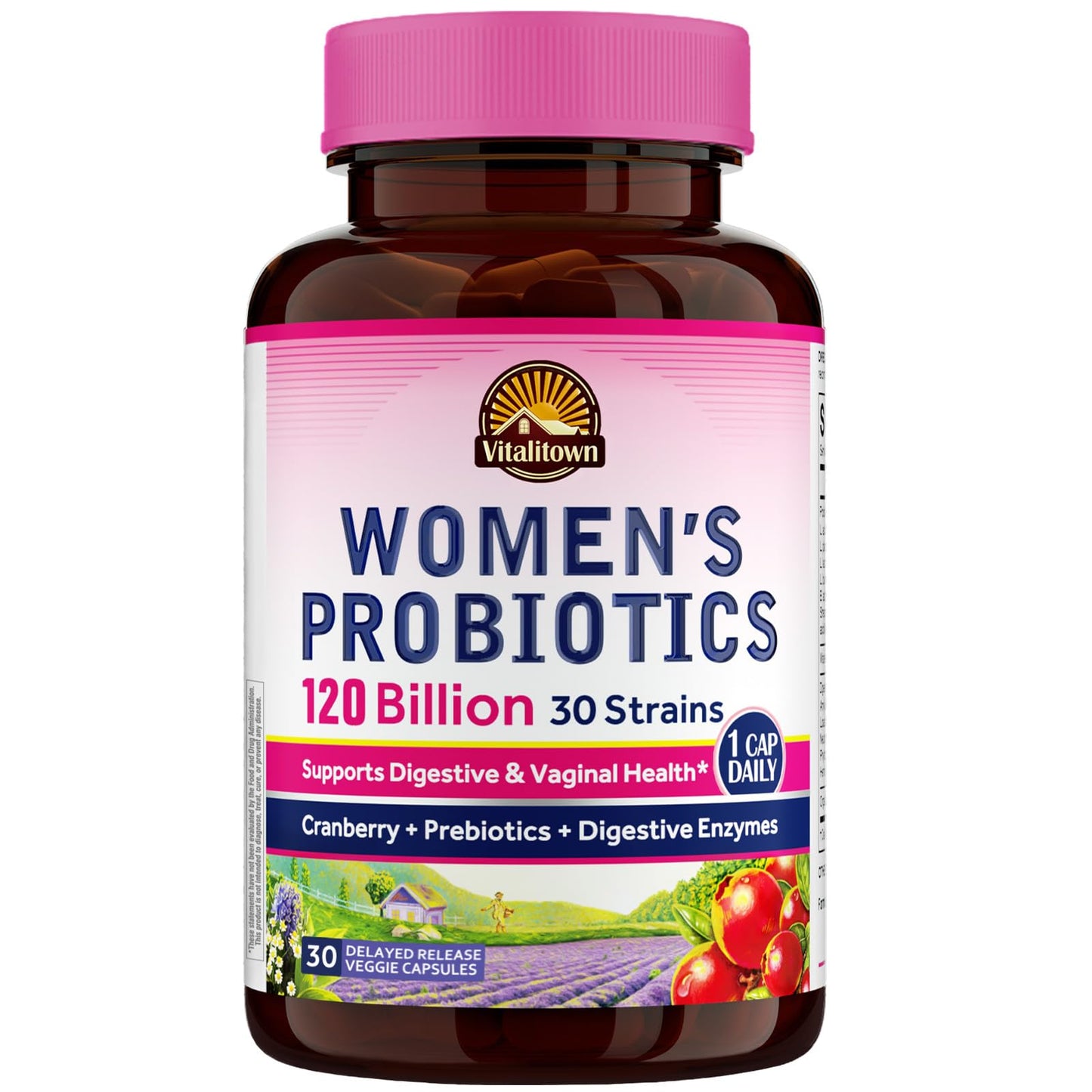 Vitalitown Probiotics for Women 120 Billion CFUs, 30 Strains, with Prebiotics & Digestive Enzymes & Cranberry, Gut & Vaginal Health, Vegan 30