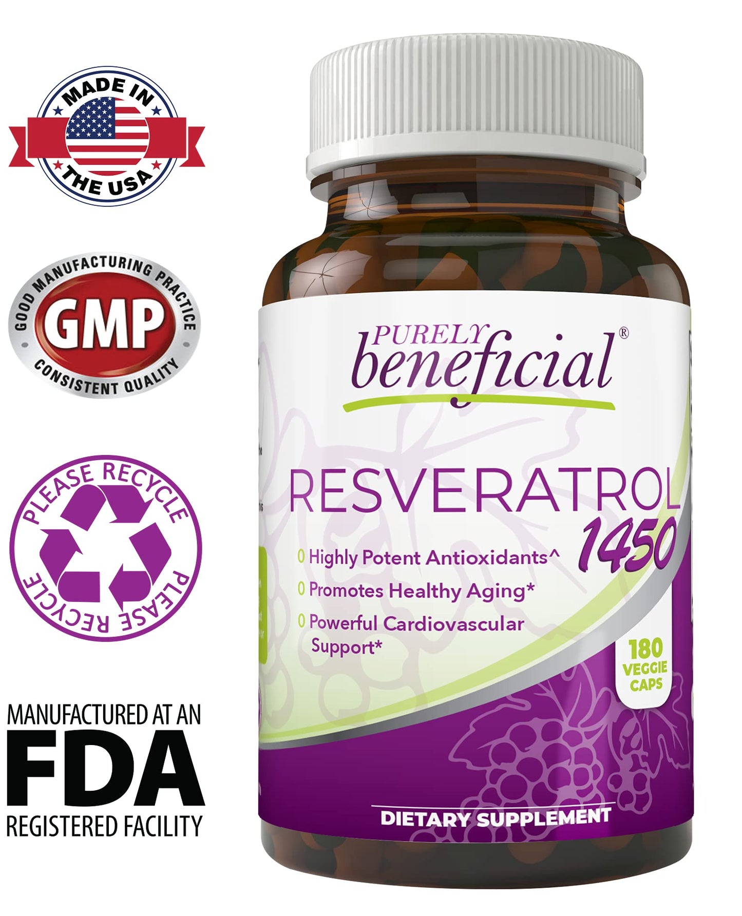 PURELY beneficial RESVERATROL1450-90day Supply, 1450mg per Serving of Potent Antioxidants & Trans-Resveratrol, Promotes Anti-Aging